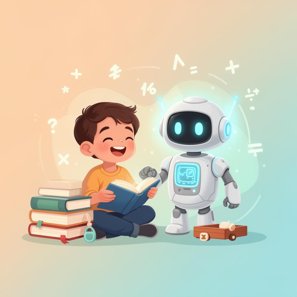 A happy child learning with a friendly AI tutor robot